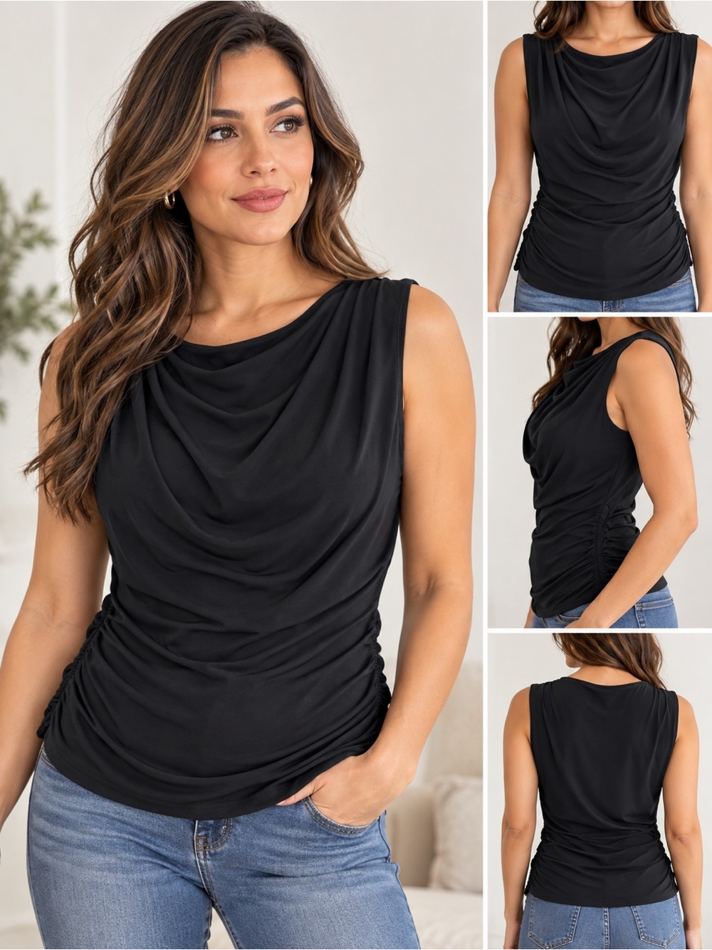 Miraclesuit Black Ruched Draped Sleeveless Top Size S NWT